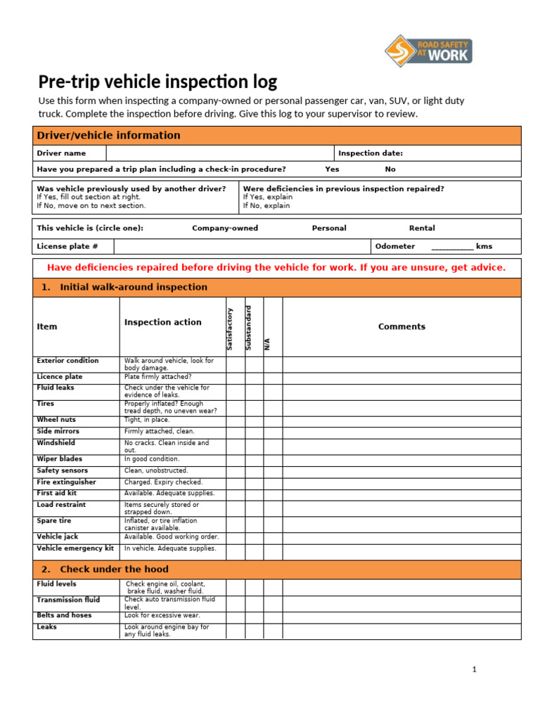 Pre-Trip Vehicle Inspection Checklist | PDF | Vehicles | Tire