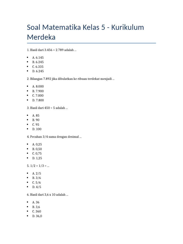 Soal Matematika Kelas 5 Kurikulum Merdeka | PDF
