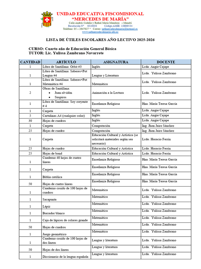 Lista de Útiles Escolares Cuarto E.G.B. | PDF | Papelería