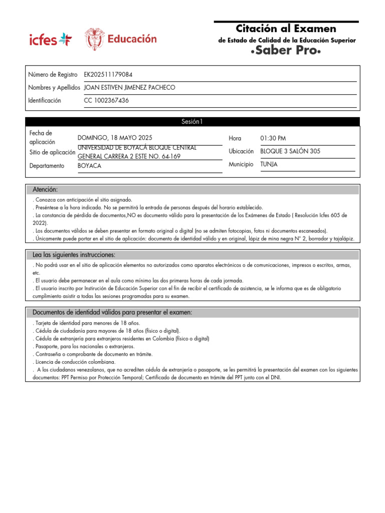 Citación Examen Saber Pro 2025 | PDF | Control de acceso | Autenticación
