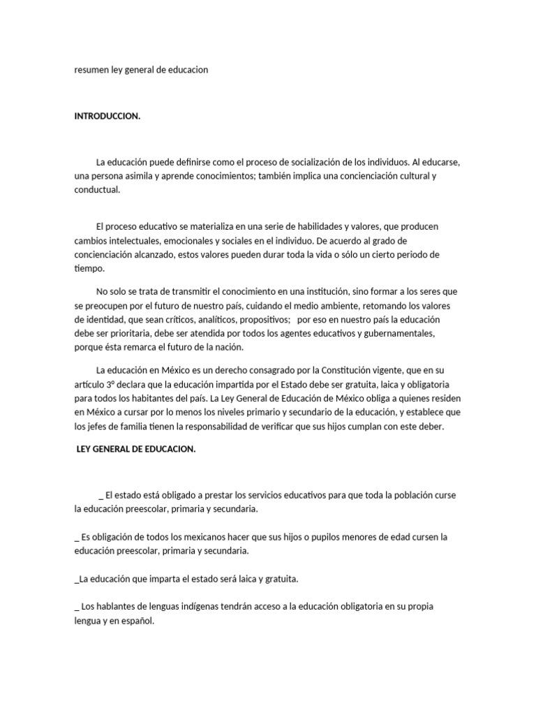 Resumen de la Ley General de Educación | PDF | Educación de la primera ...