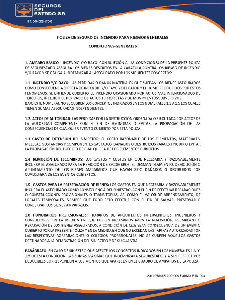 Póliza de Seguro de Incendio General | PDF | Póliza de seguros | Seguro