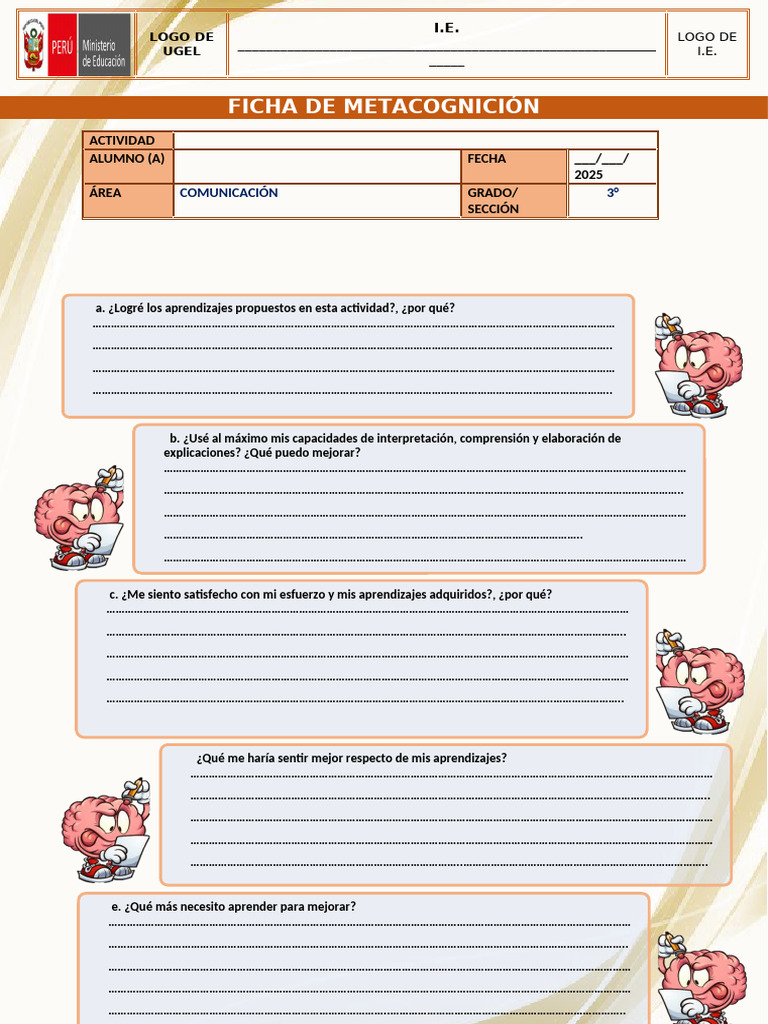 Ficha de Metacognición para Estudiantes | PDF | Aprendizaje | Teoría de ...