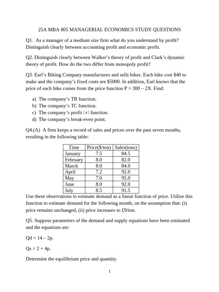 25a Mba 805 Managerial Economics Study Questions | PDF | Demand ...