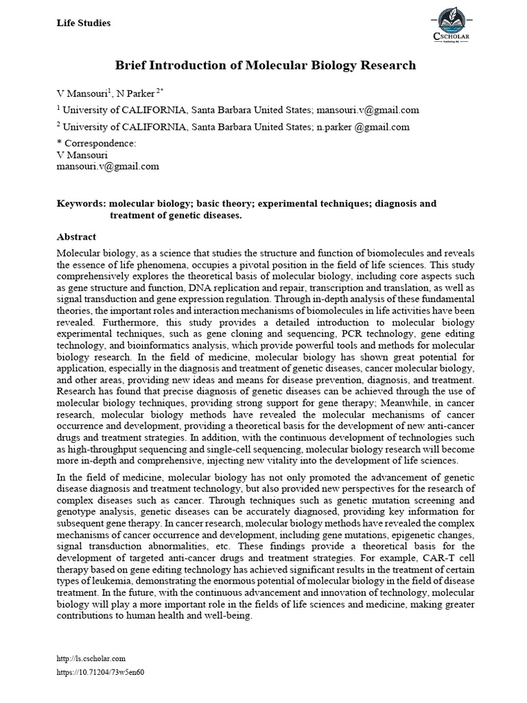 Brief Introduction of Molecular Biology Research | PDF | Molecular ...