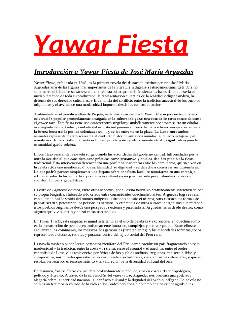 Yawar Fiesta: Identidad y Conflicto Cultural | PDF | Perú