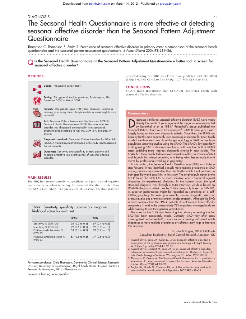 The Seasonal Health Questionnaire Is More Effective PDF Sensitivity