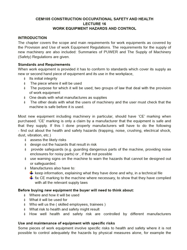Cem105 Lecture 16 Work Equipment Hazards And Control 1 Pdf