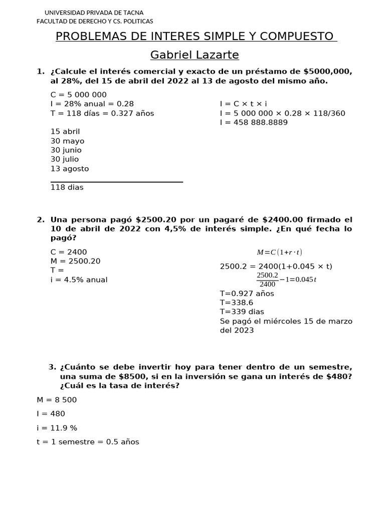 Problemas de Interes Simple Y Compuesto Gabriel Lazarte: M C R T | PDF ...