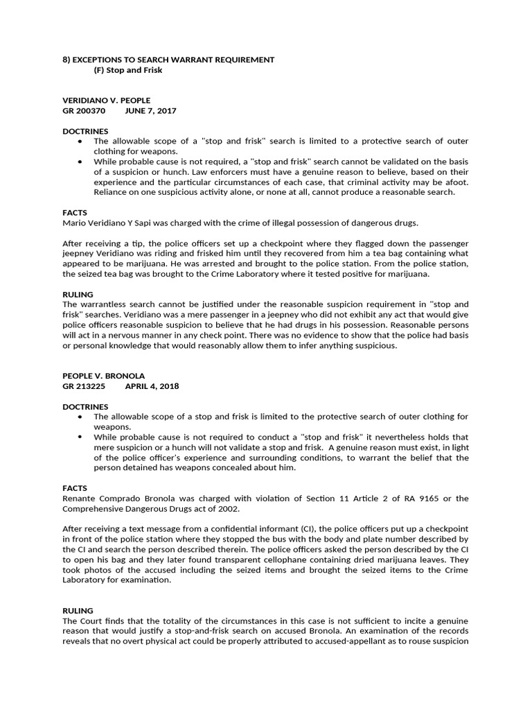 Exceptions To Search Warrant Requirement | PDF | Terry Stop | Probable ...