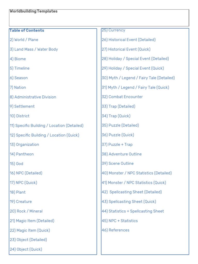 Comprehensive Worldbuilding Templates | PDF