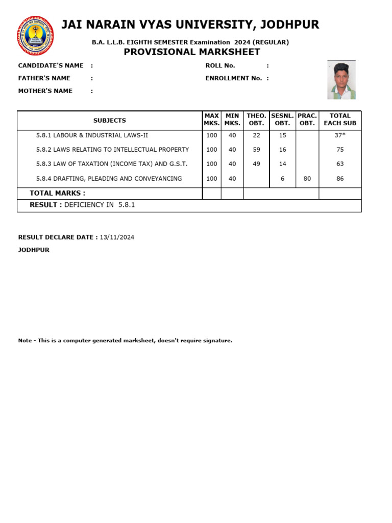 B.A. L.L.B. 8th Semester Marksheet 2024 | PDF