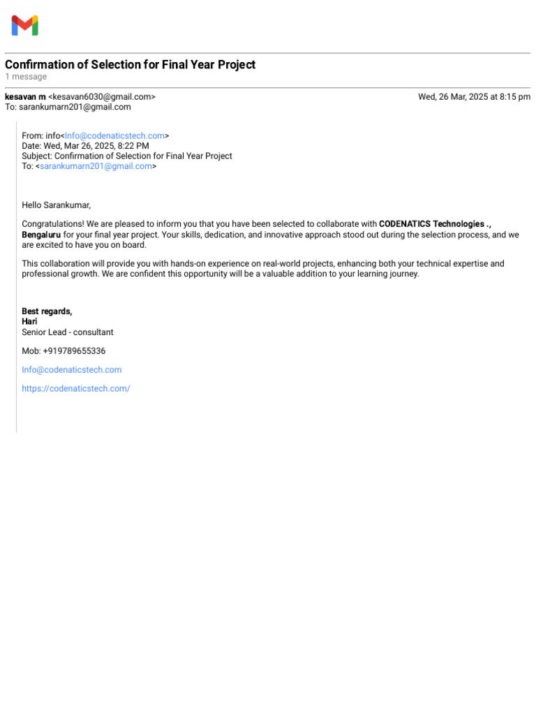 Saran - Confirmation of Selection For Final Year Project | PDF