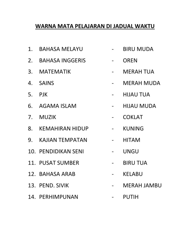 Warna Mata Pelajaran Di Jadual Waktu
