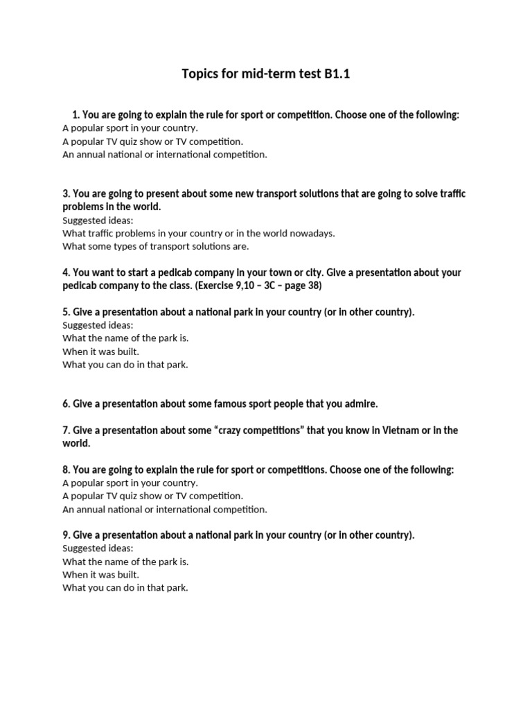B1.1 Mid-Term Test Presentation Topics | PDF