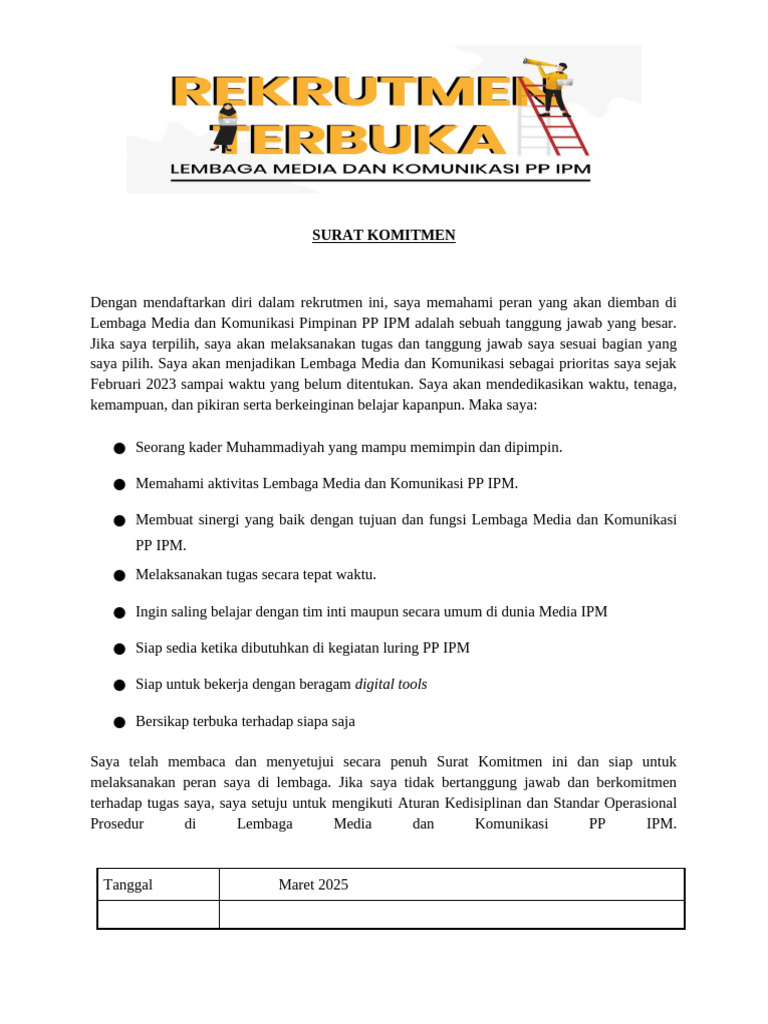 Surat Komitmen Rekrutmen Lembaga Media Dan Komunikasi PP Ipm 2025-1 | PDF