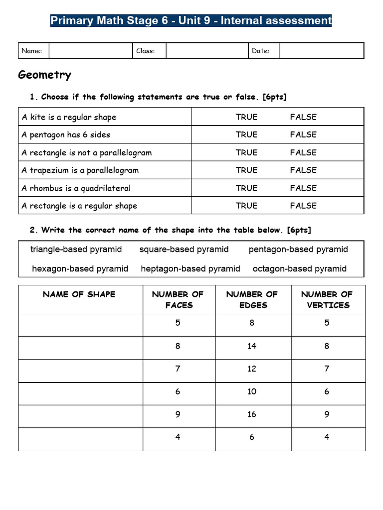 Primary Math Stage 6 Geometry Assessment | PDF | Rectangle | Shape