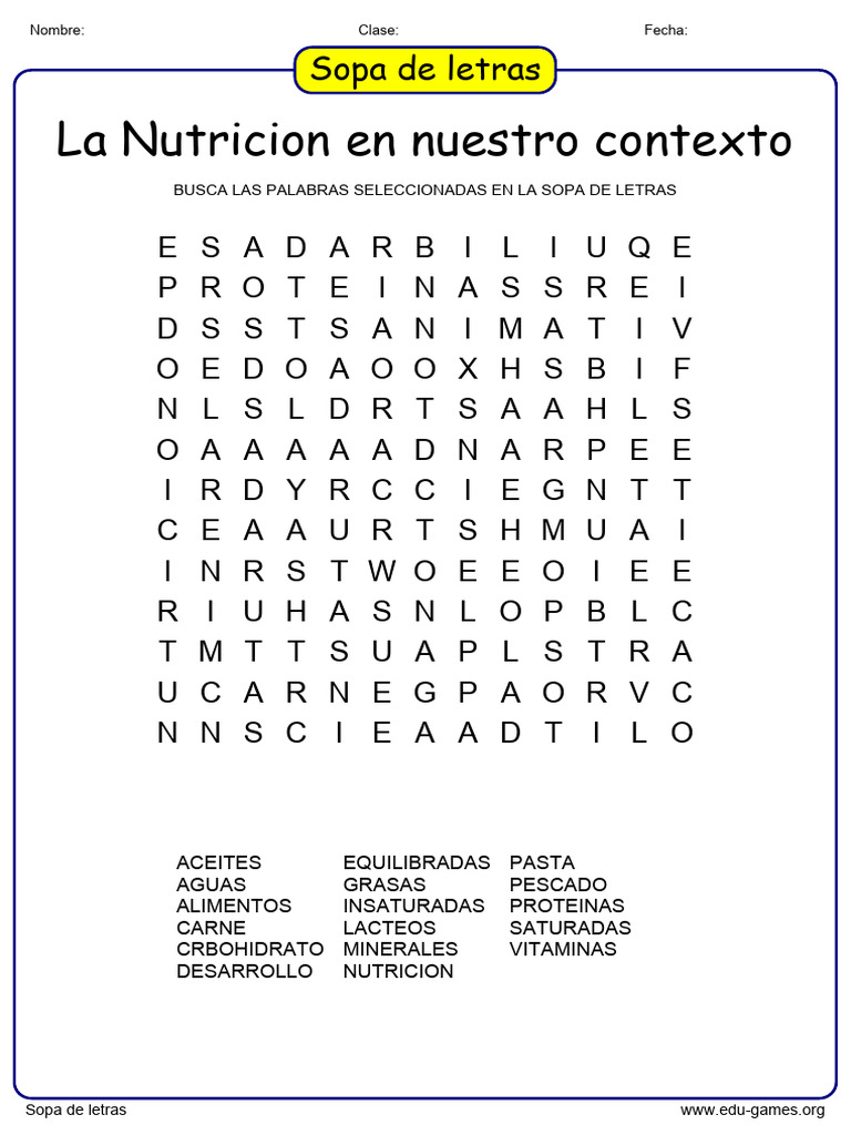 Sopa de Letras sobre Nutrición | PDF | Nutrición | Dieta y nutrición