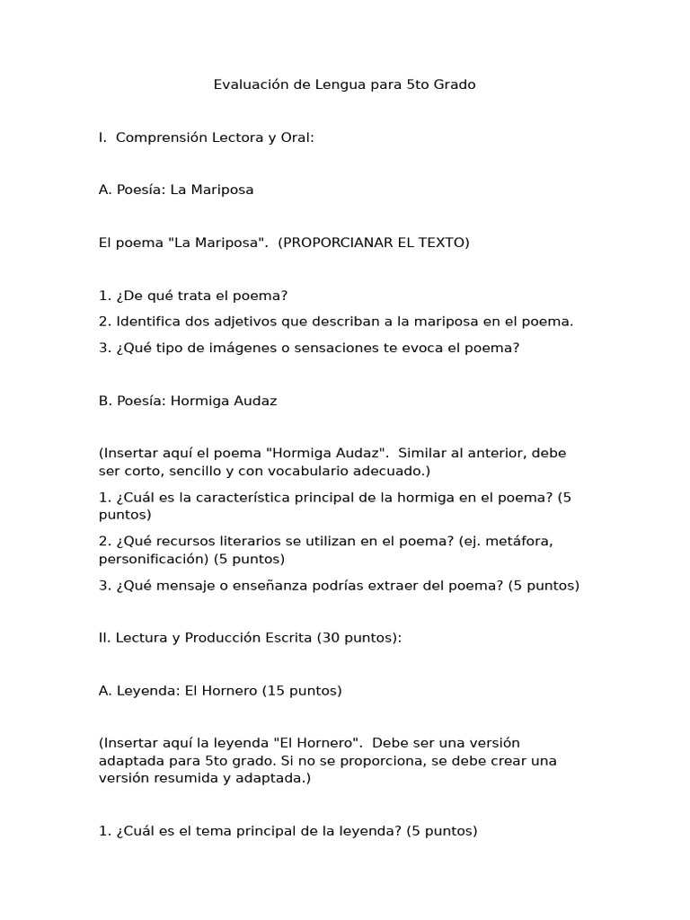 Evaluación de Lengua 5to Grado | PDF | Comprensión lectora | Puntuación