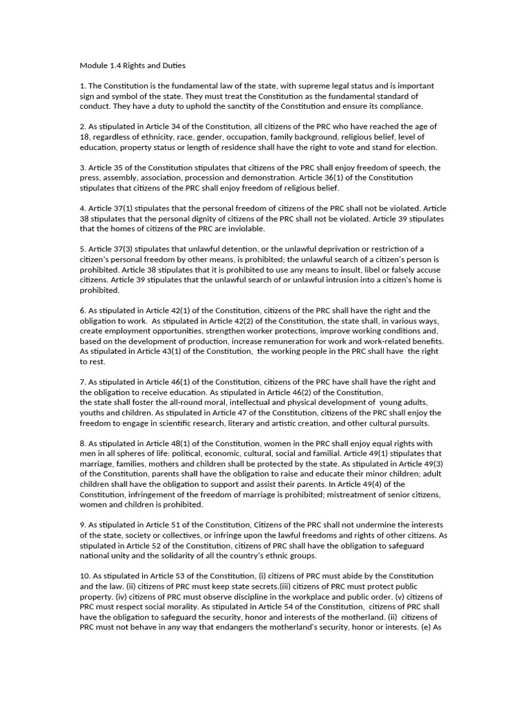PRC Constitution: Rights and Duties Overview | PDF | Hong Kong | Chief ...