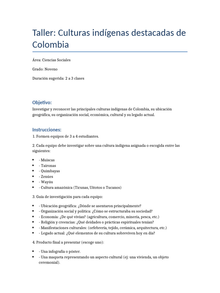 Culturas indígenas de Colombia: Taller educativo | PDF