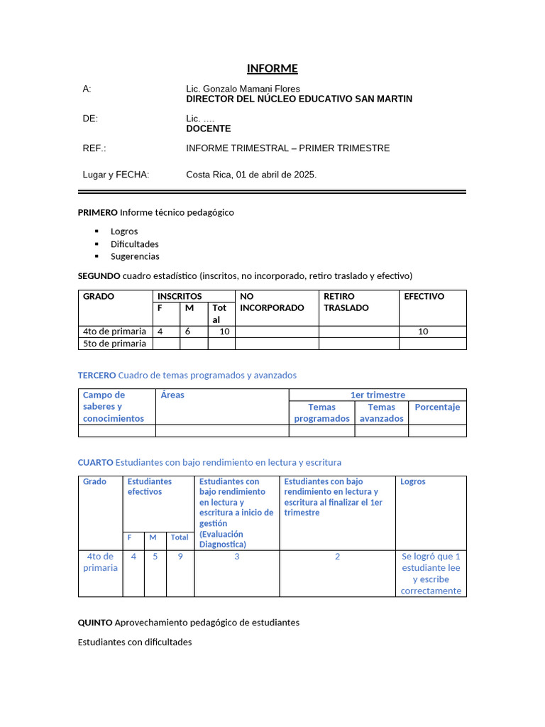 Informe Trimestral Educativo 2025 | PDF
