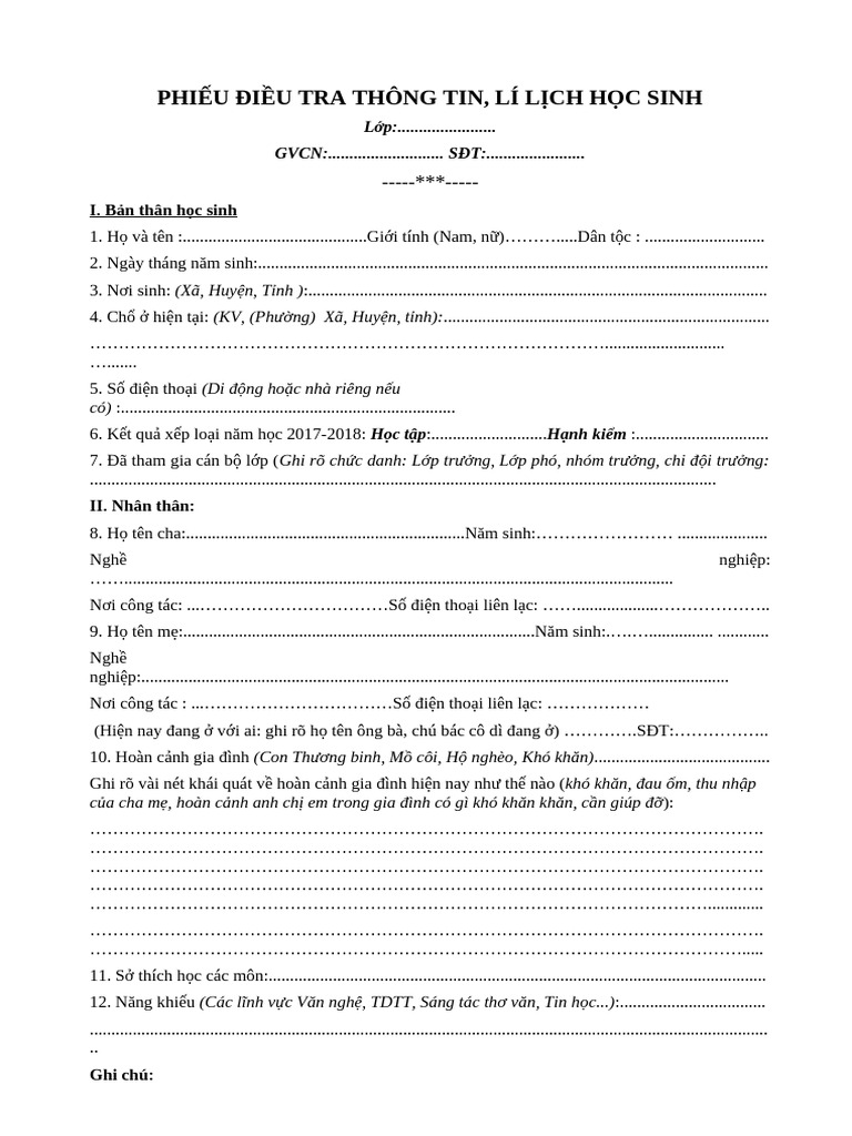 Phieu Dieu Tra Thong Tin Li Lich Hoc Sinh | PDF