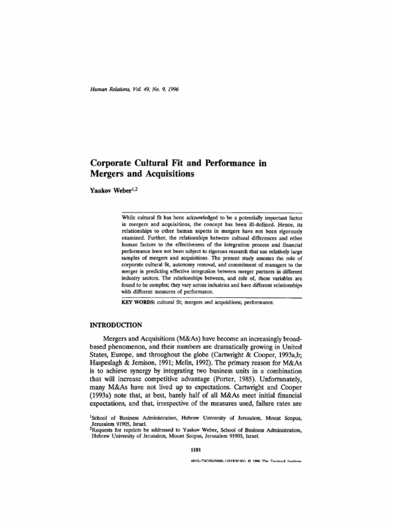 Corporate Cultural Fit and Performance in Mergers and Acquisitions ...