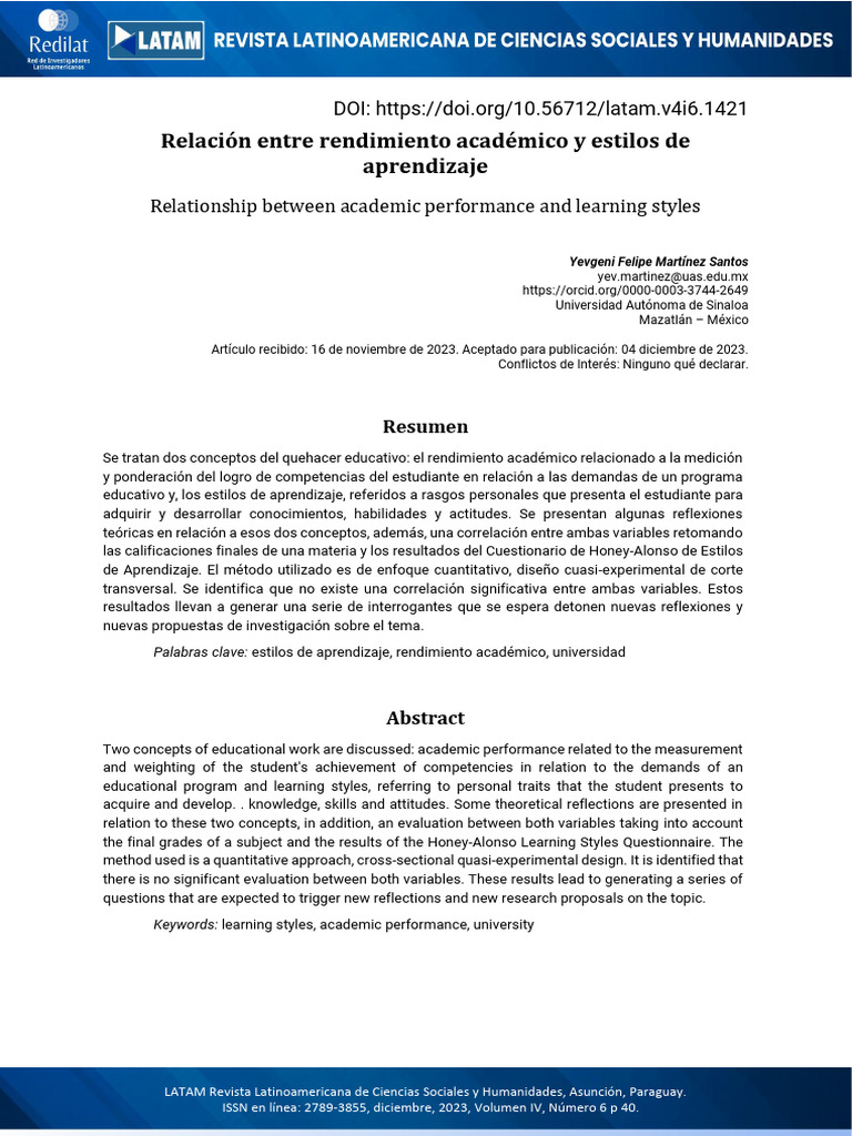 Rendimiento Académico y Estilos de Aprendizaje | PDF | Aprendizaje ...