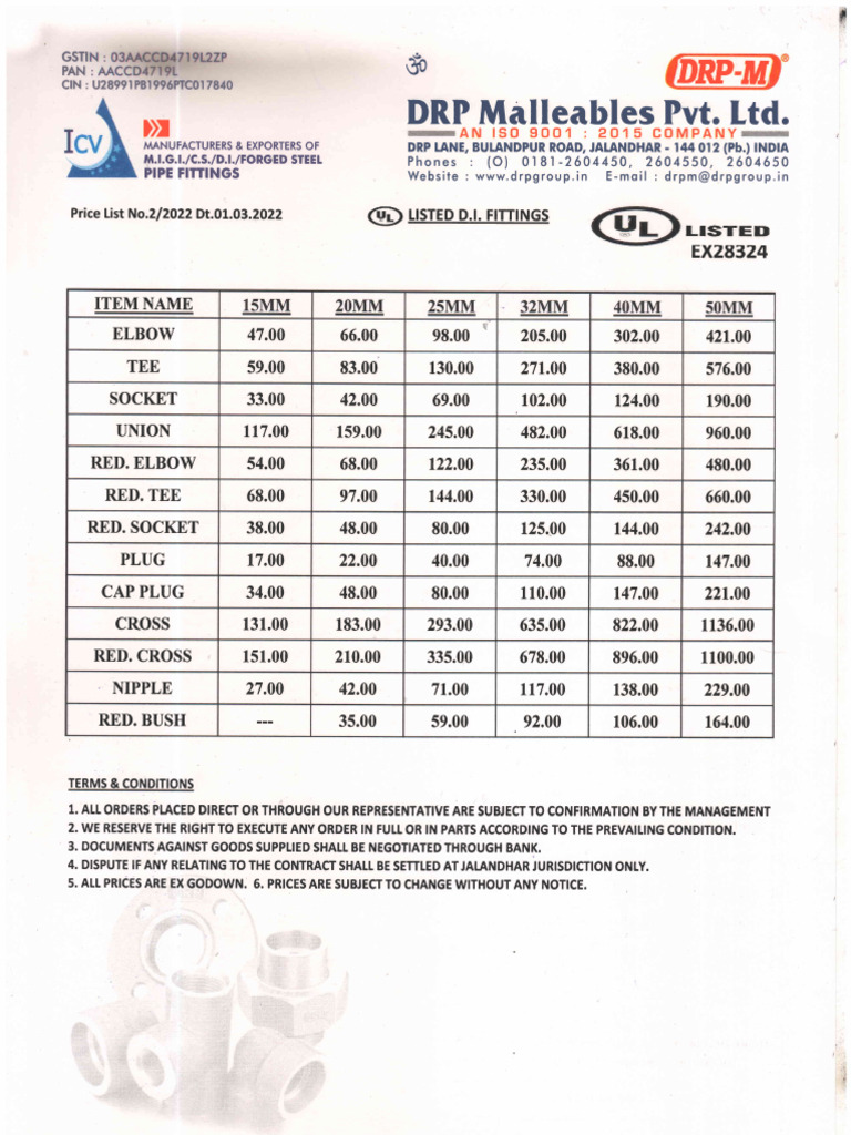DRP Pipe Fittings Price List 2022 | PDF | Plumbing | Mechanical Engineering