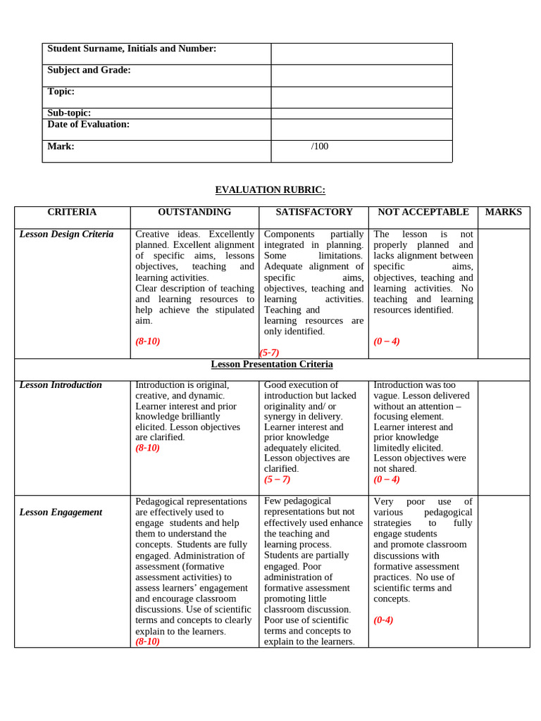 Lesson Plan and Presentation Rubric | PDF | Educational Assessment ...