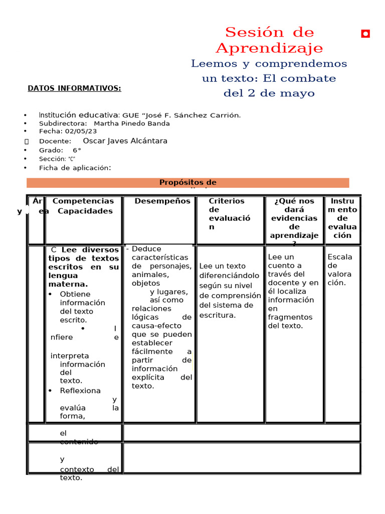 Dia 02 Sesion Plan Lector Combate 2 de Mayo | PDF | Perú | Aprendizaje