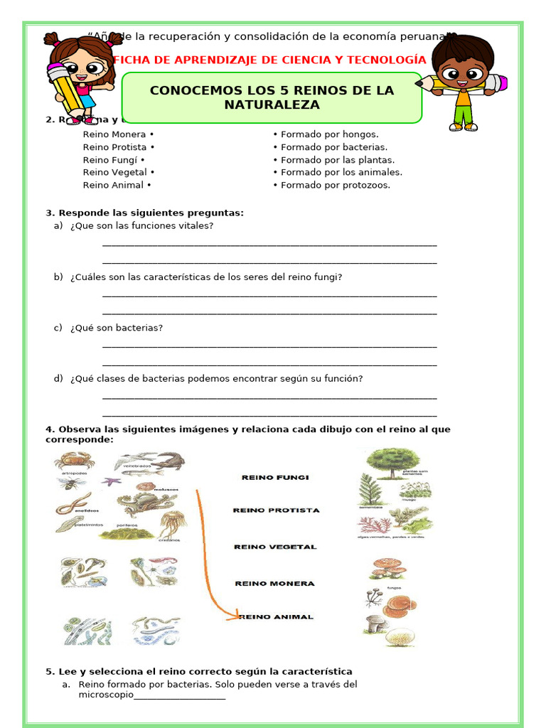 Conocemos - Los - 5 - Reinos - de - La - Naturaleza - Ficha Cyt | PDF |  Protozoos | Taxa