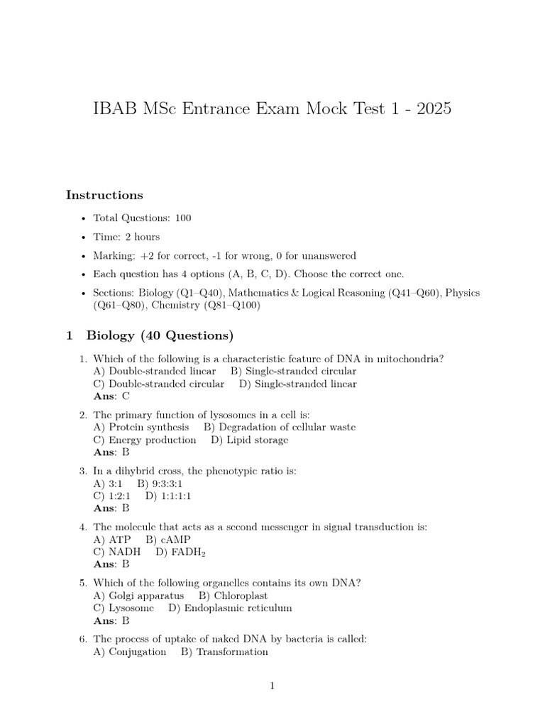 IBAB MSc Entrance Exam Mock Test 2025 | PDF | Dna | Cell (Biology)