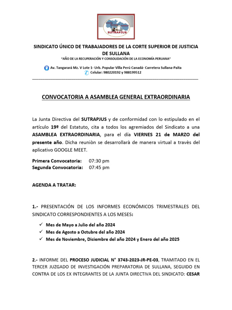 Convocatoria Asamblea General Extraordinaria - Dia Viernes 21 de Marzo ...