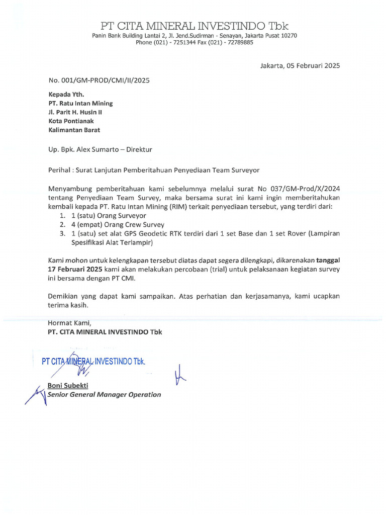 001.GM-Prod - II.2025 - Surat Pemberitahuan Lanjutan Penyediaan Team ...