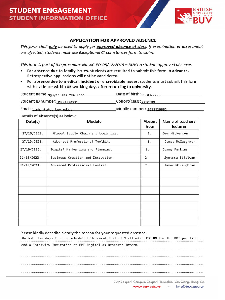 (In Use) APPROVED ABSENCE APPLICATION FORM - Version 5.0-07022023 | PDF