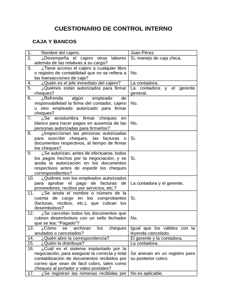 Cuestionario de Control Interno Financiero | PDF | Cheque | Contabilidad