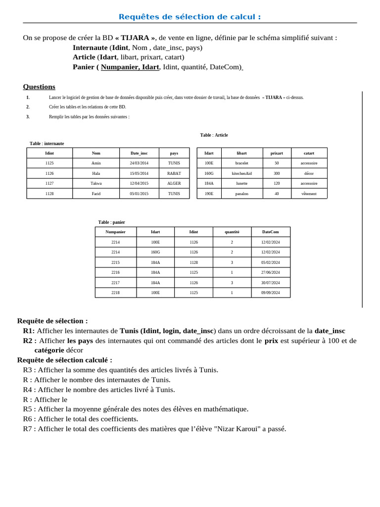 Exercice corrigé SQL : BD TIJARA | PDF | Informatique | Informatique