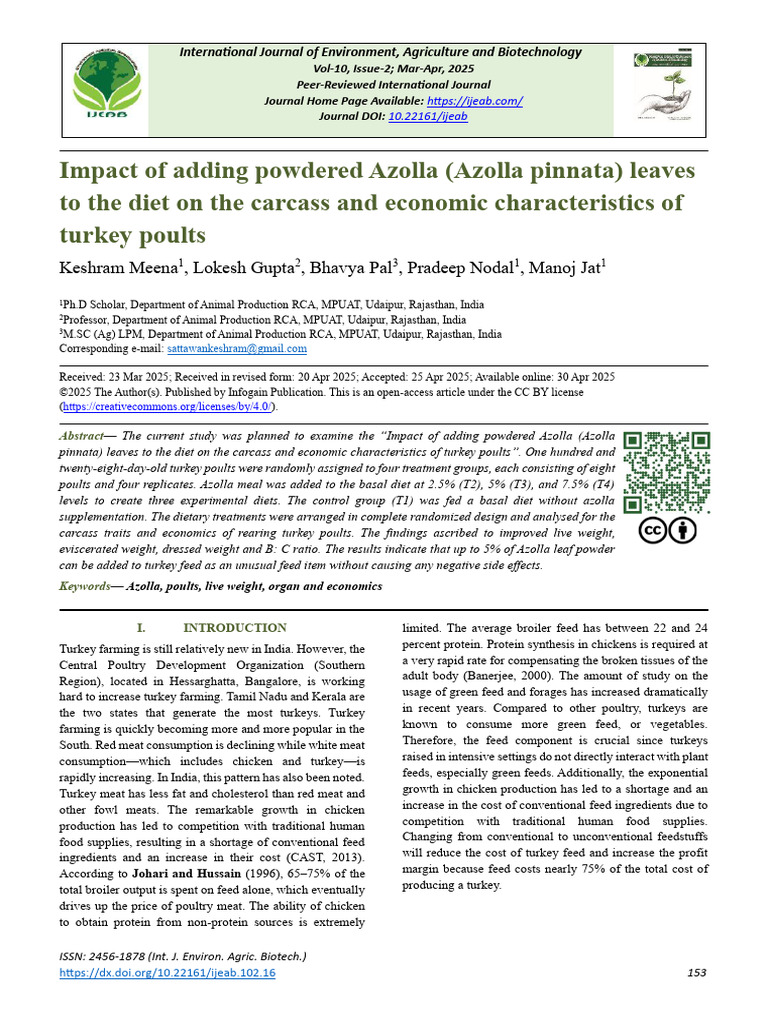 Impact of Adding Powdered Azolla (Azolla Pinnata) Leaves To The Diet On ...