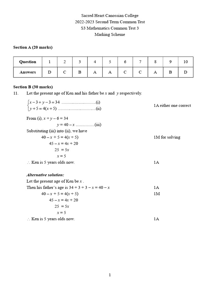 S3 Mathematics Common Test Marking Scheme | PDF