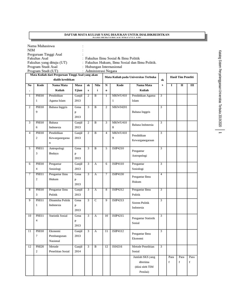 Daftar Mata Kuliah Alih Kredit UT | PDF