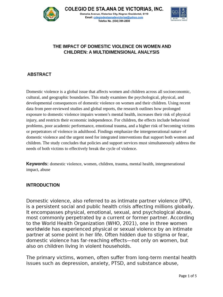 Effects of Domestic Violence on Women & Children | PDF | Domestic ...