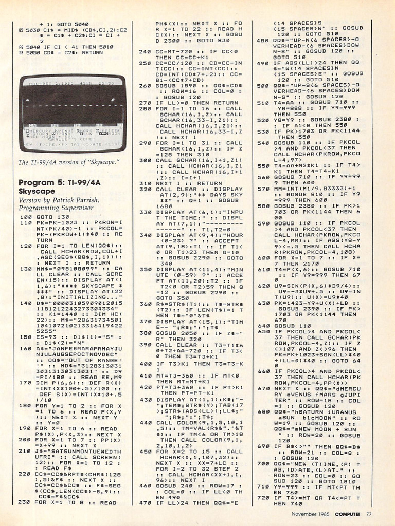 TI-99/4A Skyscape Code Listing | PDF | Computer Programming | Computer ...