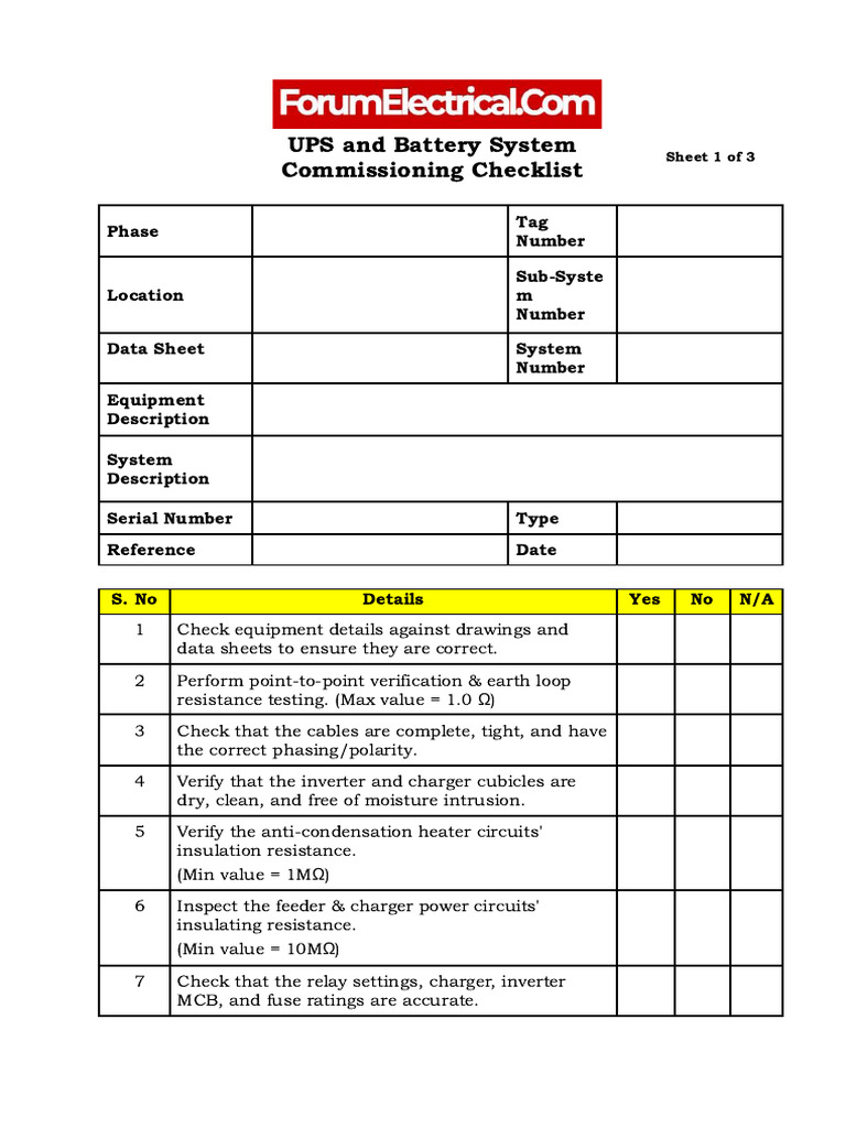 UPS Battery System Commissioning Checklist | PDF