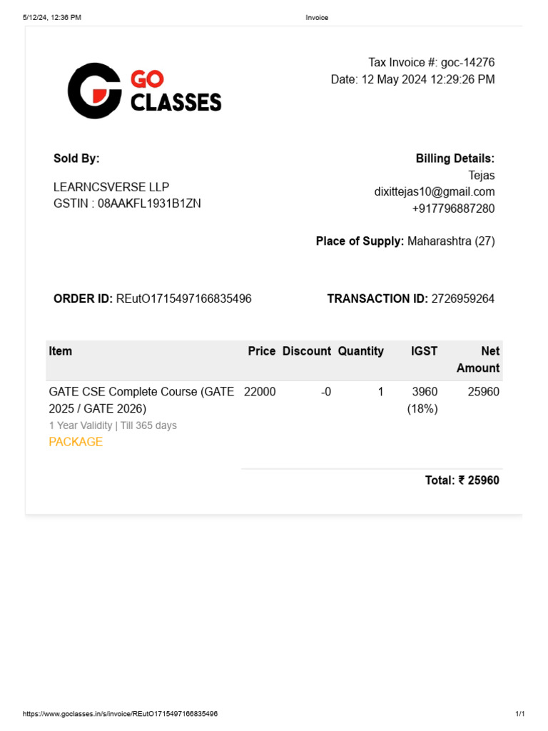 GATE CSE Course Invoice - May 2024 | PDF