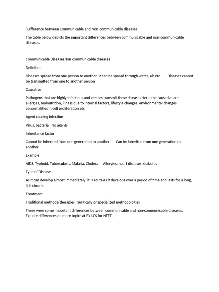 Communicable vs Non-communicable Diseases | PDF