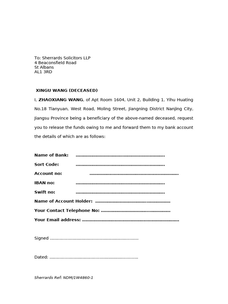 Beneficiaries Bank Details Form (Wang, Z) (3446277.1) | PDF