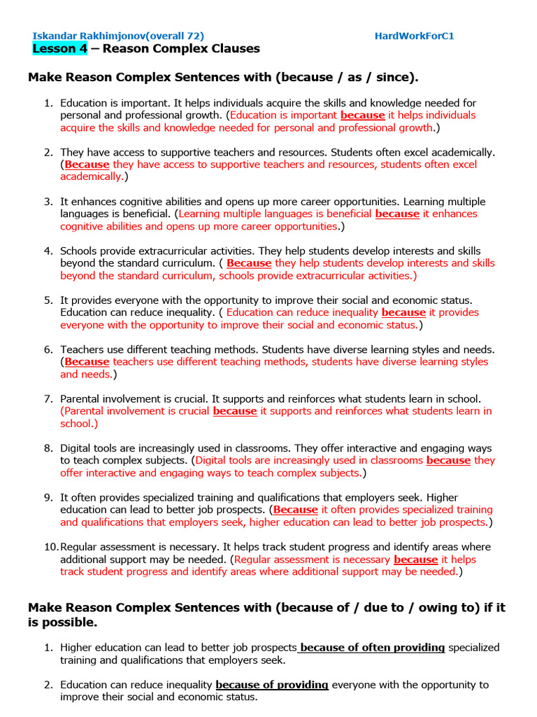 Solution For Homework - Reason Complex Clauses | PDF | Teachers ...
