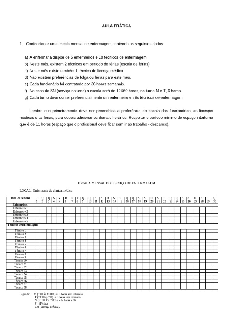 Escala Mensal de Enfermagem Detalhada | PDF